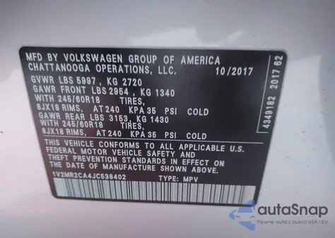 2018 Volkswagen Atlas 3.6L V6 Sel from USA, damaged, VIN 1V2MR2CA4JC538402